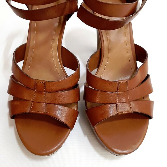 TAHARI Platform Heel Sandals with Cross Strap in Brown Tan Faux Leather - Picture 6 of 13
